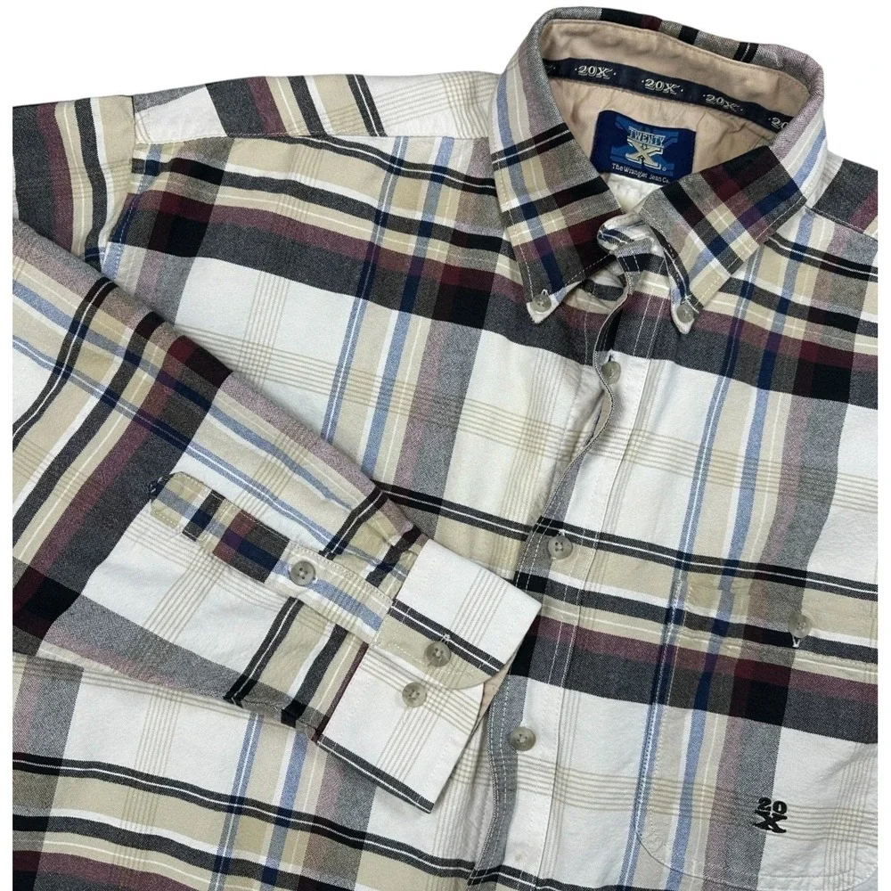 Wrangler TWENTY X Shirt Cream & Brown‎ Plaid Button Down Long Sleeve Men's XL